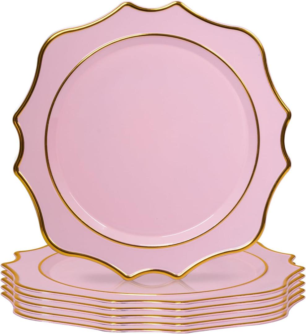 MAONAME 13" Pink Charger Plates Set of 6, Round Chargers for Dinner Plates, Scallop Plate Chargers with Gold Rim, Plastic Charger for Table Setting, Wedding Decor