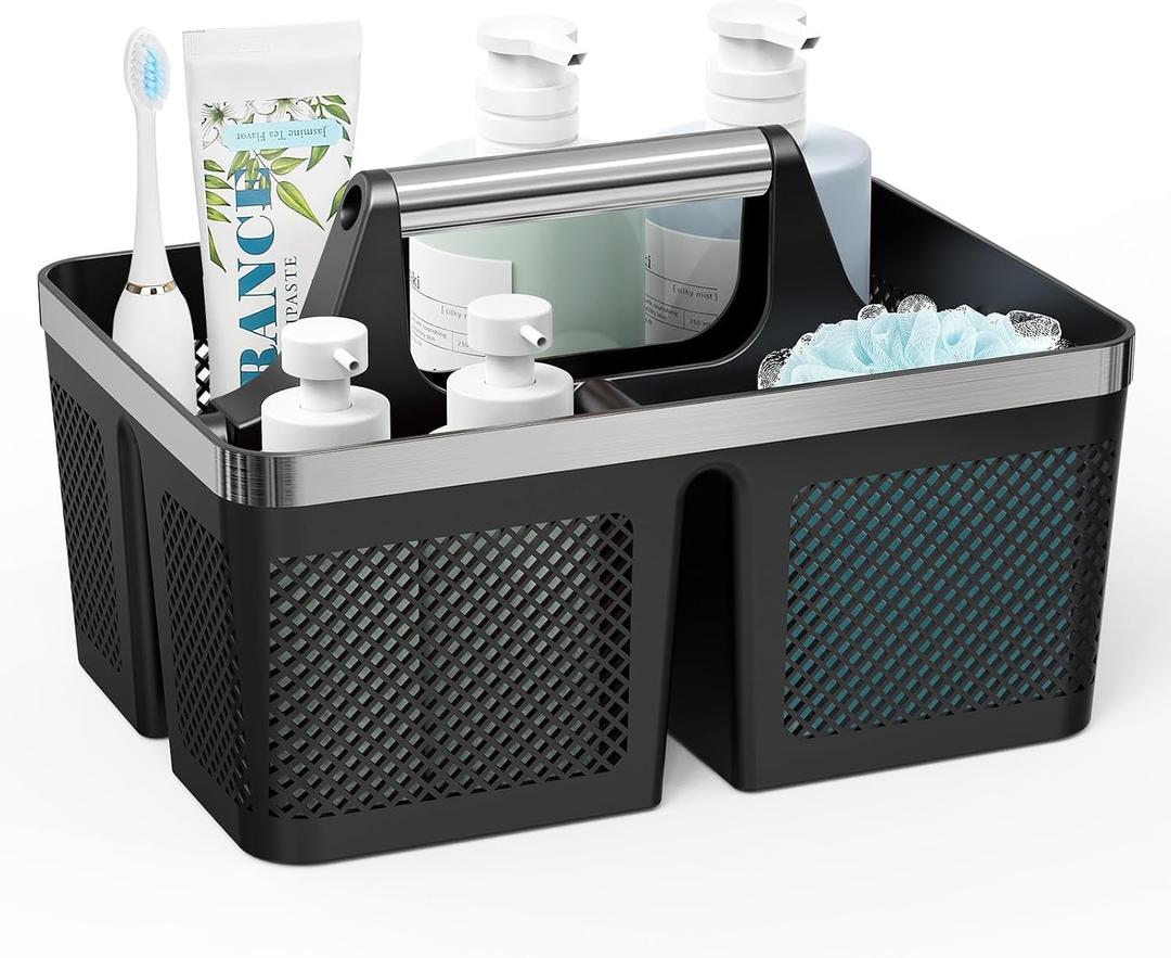 BYUNER Black Shower Caddy Portable: Plastic Bathroom Caddy Organizer with Handle and Holes, Cleaning Caddy, Hard Shower Basket Storage Tote for Toiletry, College Dorm Room Essentials for Men