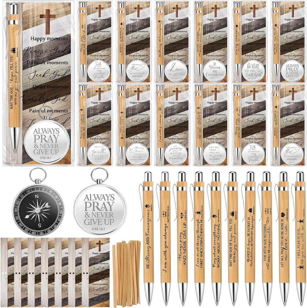 Spakon Christian Gifts for Men Bulk Religious Pens Bible Verse Engraved Compass with Scripture Bookmarks Man of God Gifts for Church Sunday School Pastor Clergy Baptism