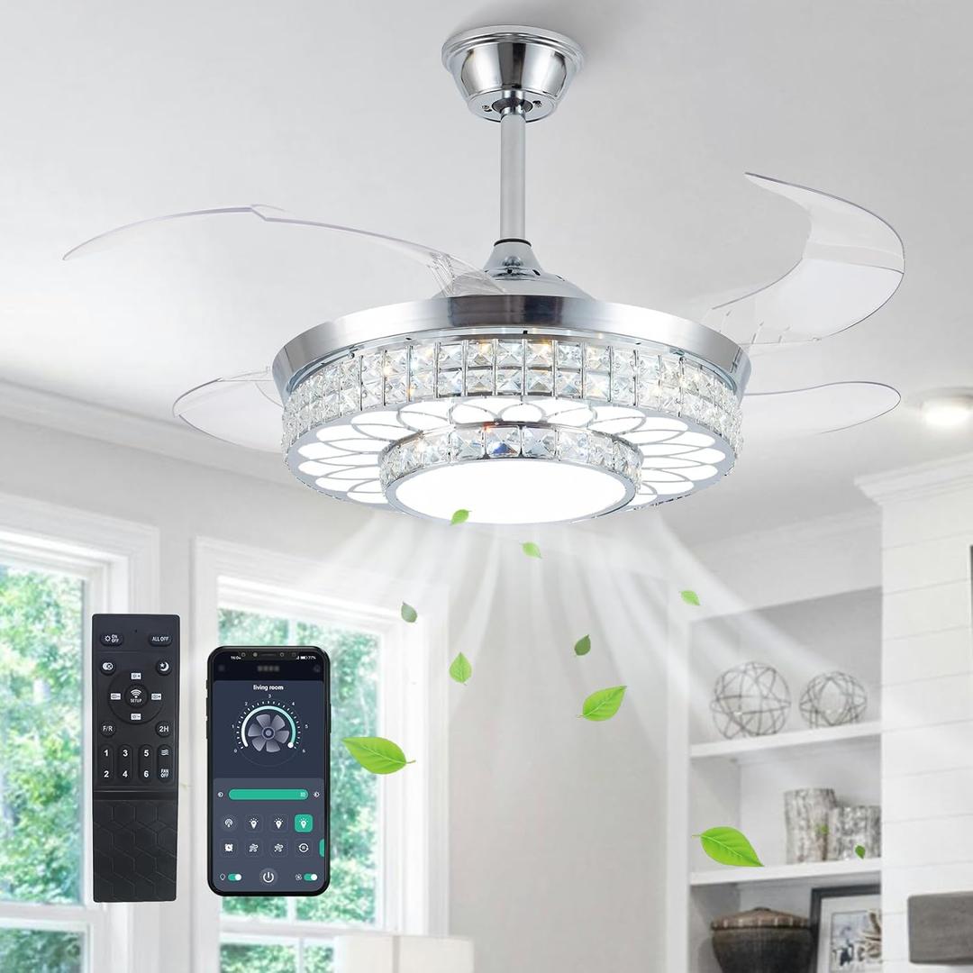 42" Retractable Ceiling Fans with Lights, Crystal Chandelier Ceiling Fan with Remote & APP Control, Modern Dimmable LED Fandelier for Living Room, Dinning Room, Bedroom (Silver)