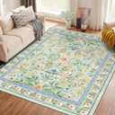 Washable Area Rug 5'7' Green Large Living Room Rug Dirty Pink Blue Floral Non-Slip Soft Boho Colorful Oriental Vintage Bedroom Carpet Dining Room Nursery Home Office Indoor Decor