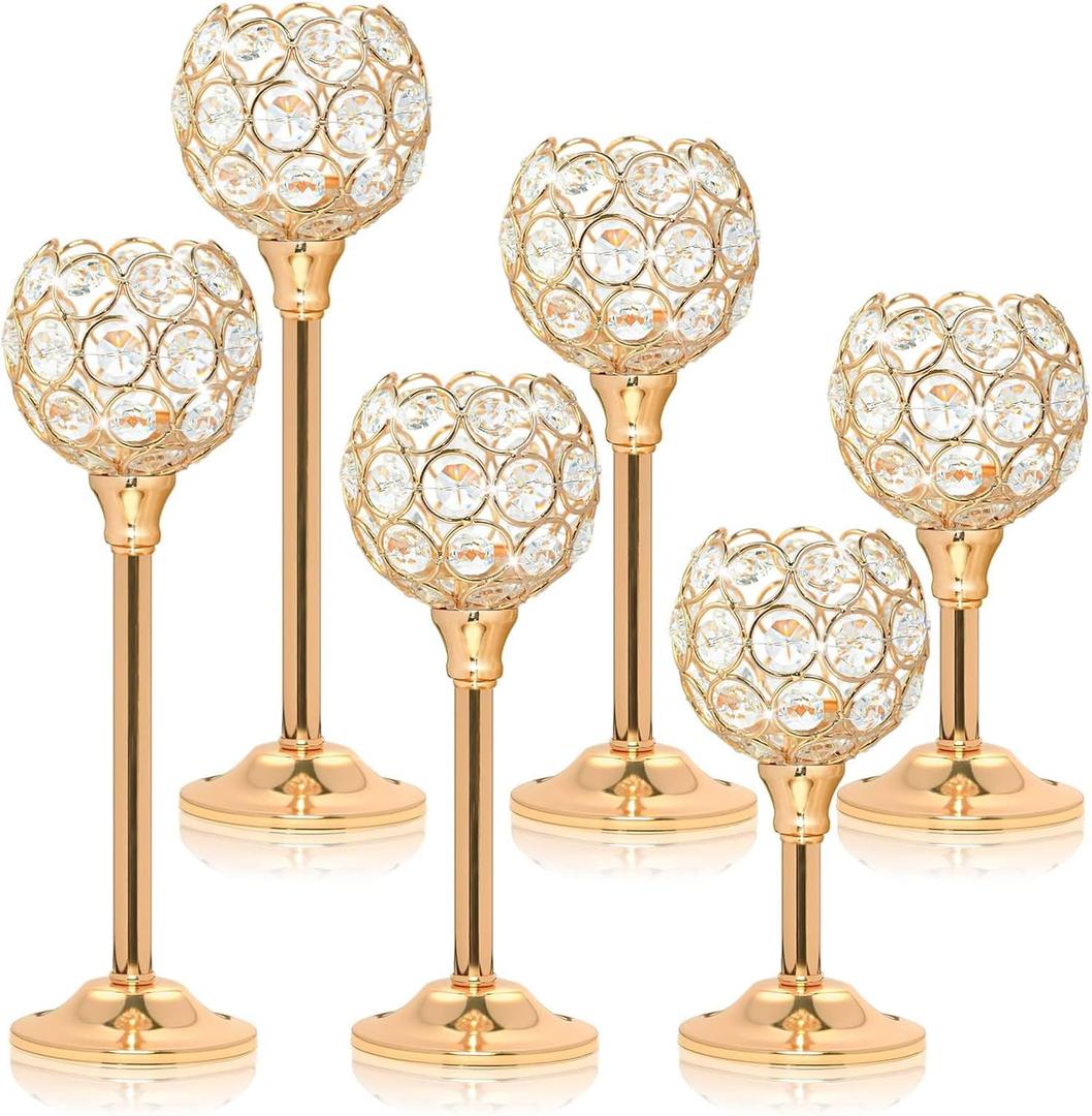 Crystal Metal Tealight Candlestick, Bling Bowl Candelabras, Tall Crystal Candle Holders Elegant Candle Centerpiece for Dining Table Wedding Home Mantel Decor(Golden, 2 Sets(6 Pcs))