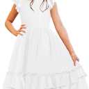 HOSIKA Girls Lace Flower Boho Ruffle Sleeve A-Line Tiered Summer Dress for Wedding Party with Pockets (White)