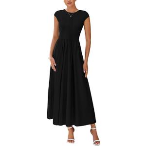 PRETTYGARDEN Women's 2025 Summer Casual Long Dresses Cap Sleeve Patchwork A Line Flowy Modest Elegant Homecoming Maxi Dress (Black, XL)