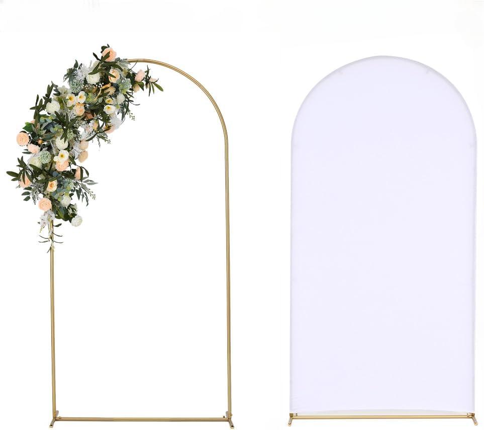 Vincidern 6.6FT Wedding Arch Backdrop Stand and White Cover, Metal Arch Backdrop Stand and Cover Set for Parties, Birthdays, Baby Showers, Bridal, Banquets, Ceremonies, Event Decor (White Cover+Gold Arch)