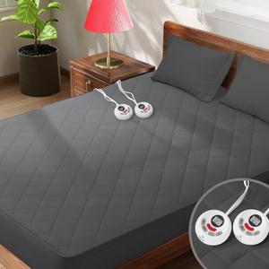 Heated Mattress Pad King Size Quilted Zone Heating Electric Bed Warmer Comfort Heat Mattress Pad Cover Dual Controller10 Heat Setting | 1-12 Hours Auto Shut Off | with 8-21 Inch Deep Pocket Gray