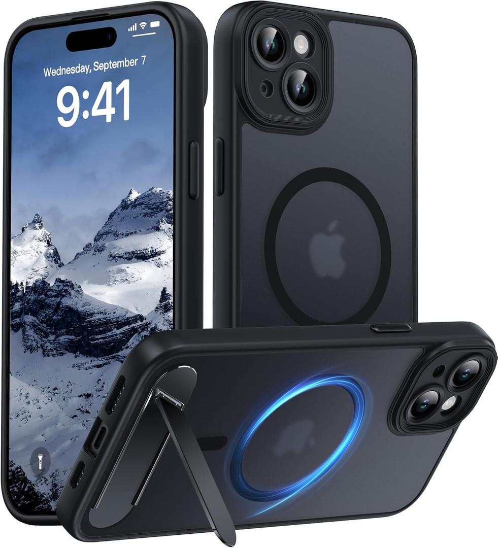 Magnetic Compatible with iPhone 15 Plus Case, [Built-in Kickstand][Full Camera Protection][Compatible with MagSafe][Anti-Fingerprint] Shockproof Phone Case for iPhone 15 Plus 6.7" Black