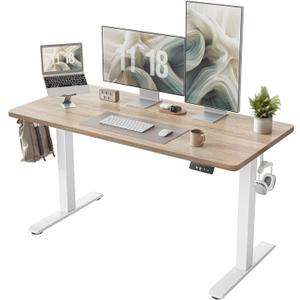 TIQLAB Height Adjustable Electric Standing Desk, 55 x 24 inch, Sit Stand Up Desk, Splice Board, Computer Home Office Desk, White Frame/Maple Top (55 inch)