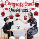 Red Graduation Banner & 9Pcs Hanging Swirls for Class of 2025 Graduation Party Supplies