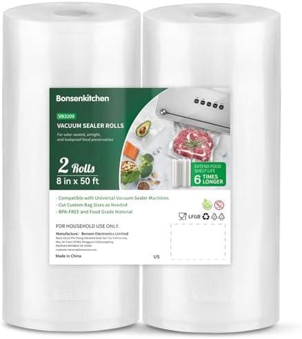 Bonsenkitchen Vacuum Sealer Bags, 8" x 50' Rolls, 3 Pack for Food Storage Saver, Bpa Free, Heavy Duty, Commercial Grade Textured Food Roll, Customized Size Bag for Sous Vide Cooking,VB3209