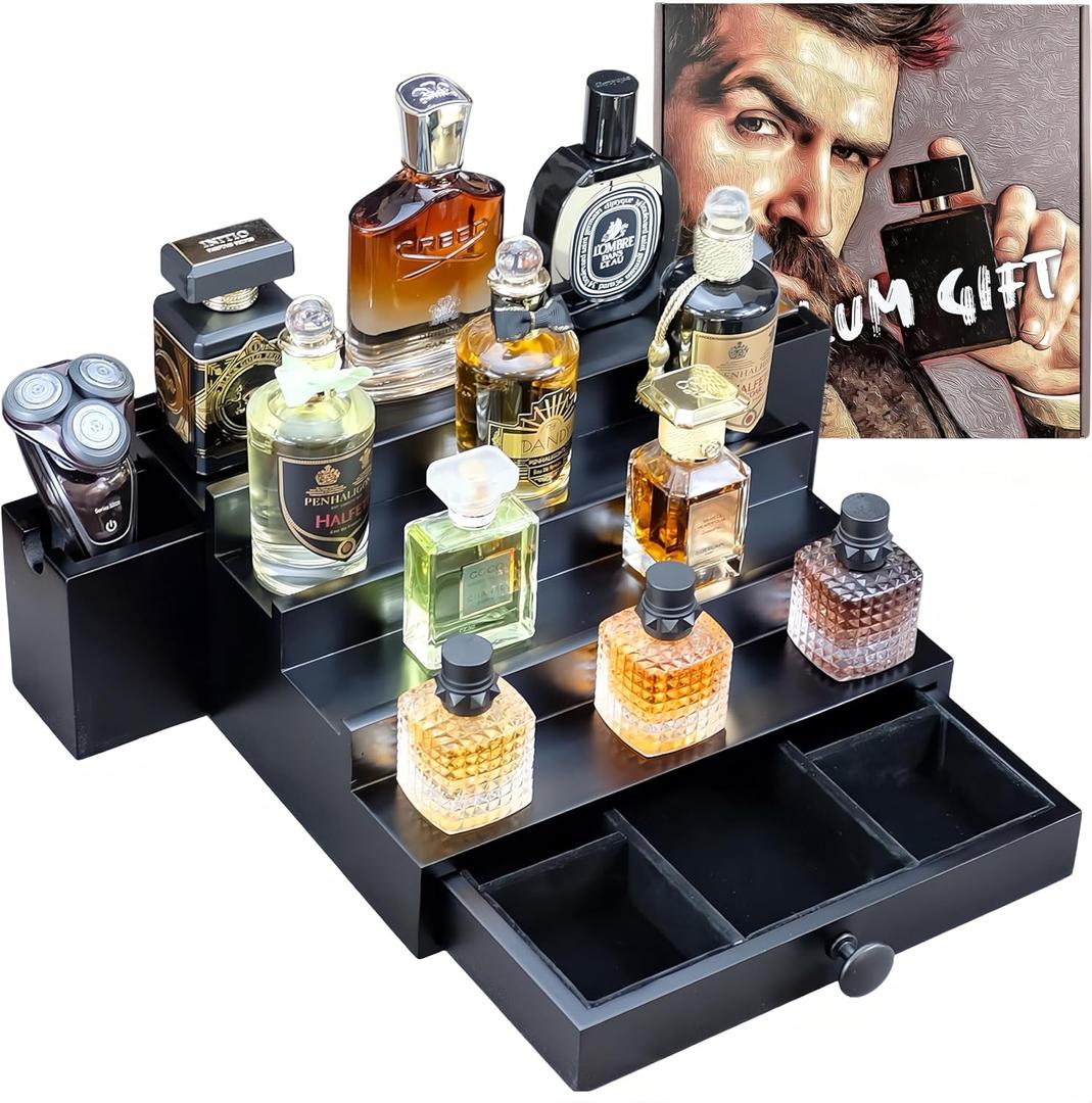 Wooden Cologne Organizer for Men 4 Tier Black | High Grade Velvet Lining and Stylish Gift Box | Side Compartment | Space Aid Cologne Holder | Perfume Display Stand | Dresser Countertop Decor | SELUM