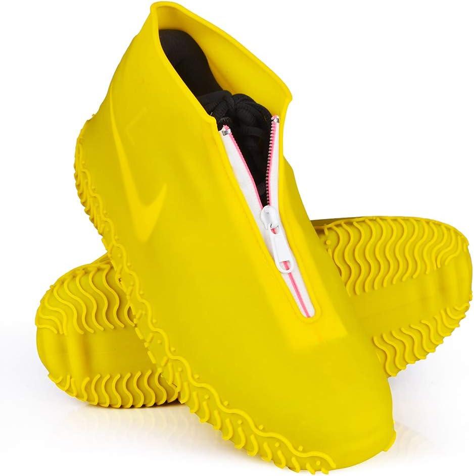 Waterproof Shoe Covers, Silicone Reusable Shoe Cover Non-slip Durable Zipper Elastic Rain Cover Protection for Men Women (L (Women 7.5-10.5, Men 6.5-9), Yellow)