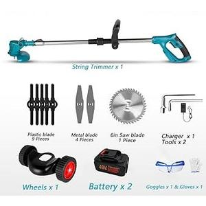 2 x Battery 6.0Ah Cordless Grass Trimmer Electric Weed Wacker with Wheels Grass Trimmer Kit, 48VF Blue Lawn Edger Mower Set Brush Cutter Li-ion Battery Operated for Garden Yard Pruning