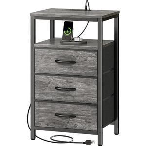 Huuger Nightstand with Charging Station, 27.6 Inch End Table Bedside Table with USB Ports and Outlets, Night Stand for Bedroom, Fabric Drawers, Grey