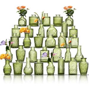 Glass Bud Vases Set of 32 - Green Assorted Small Mini Glass Vases for Flowers, Crystal Vintage Vase Set, Bulk Centerpieces for Table Dcor, Wedding, Home and Events (Green, 32 Pcs)