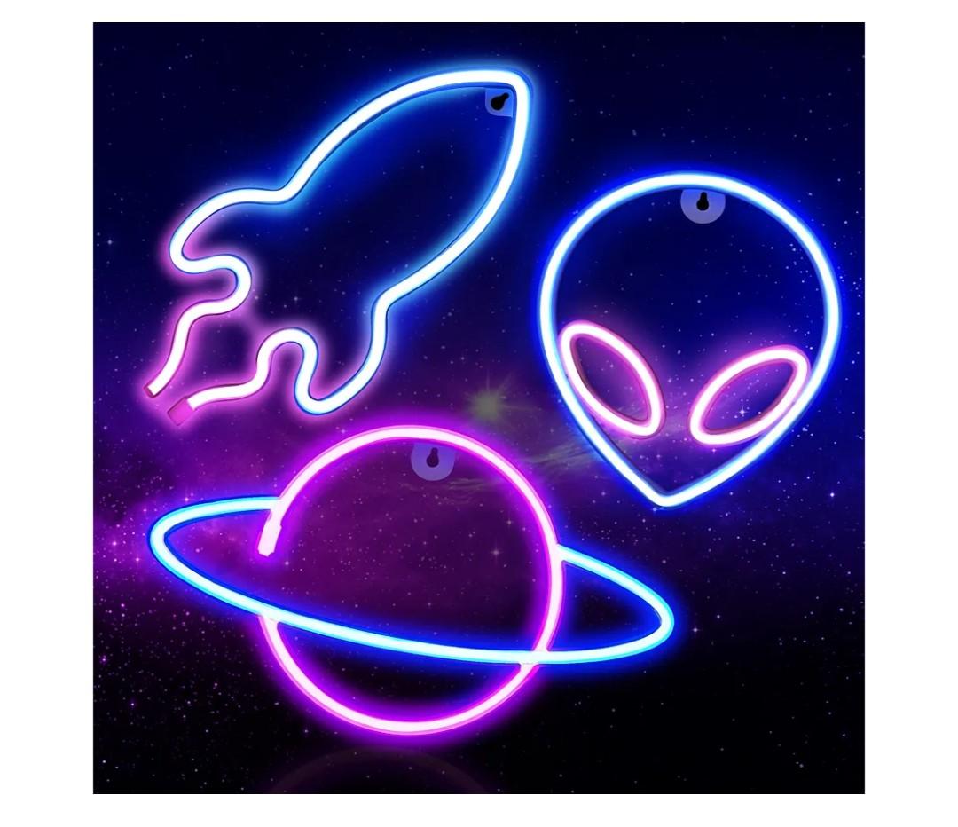 Neon Signs for Wall Decor, 3PCS LED Neon Lights for Bedroom, USB or Battery Powered Light Up Space Themed Alien Planet Rocket for Kids, Teen Boys, Gaming Room, Bar, Birthday, Cool Decoration Aesthetic