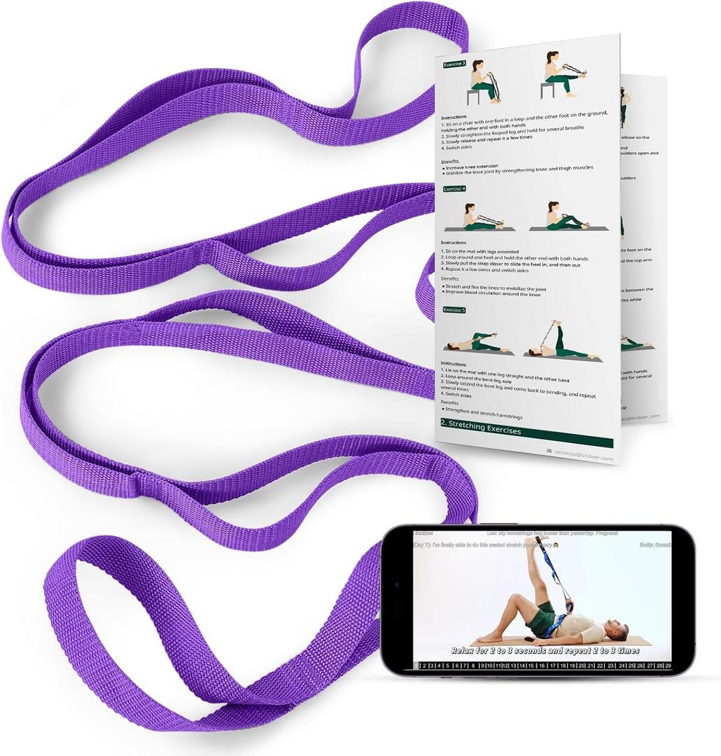 Trideer Stretching Strap with Loops & Leg Lifter, Non-Elastic PT-Style Physical Therapy Strap for Knee Replacement Rehab, Hamstring, Calf & Back Stretcher Mobility, Hip, Shoulder & Yoga (Purple)