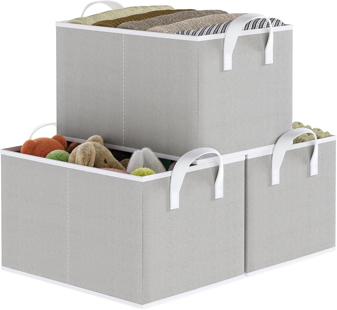 Closet Storage Bins, Fabric Closet Organizers and Storage Basket for Shelves, Collapsible Shelf Baskets for Organizing Shelves, Bedroom Clothes Basket, Gray, 3 Pack (14 " L x 10 " W x 8 " H)