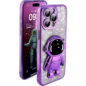 for Cute iPhone 14 Pro Astronaut Case - Girls Clear Glitter Phone Case with Spaceman Stand - Luxury Electroplated Bumper Full Camera Cover Slim iPhone 14 Pro Cases Covers - Purple