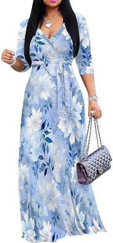PinkPatty Summer Trendy Dress for Women Casual 3/4 Sleeve V Neck Printing Maxi Dress Elegant Wedding Guest Sundress with Belt, XL