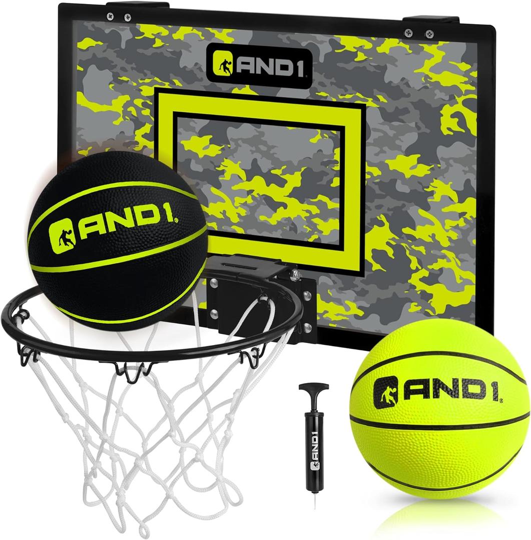 AND1 Over the Door Mini Basketball Hoop: 18x12 Shatterproof Backboard, 2 Mini Basketballs, and Hand Pump Included- Ultimate Indoor Basketball Accessory for Kids and Adults, No Tools Required (Black\Volt)