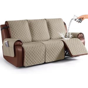 KinCam Waterproof Recliner Sofa Cover, Non-Slip Reclining Couch Covers for 3 Seat, Recliner Couch Cover Furniture Protector with Elastic Straps for Pets, Kids, Khaki