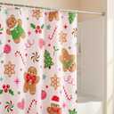 Frienda Pink Christmas Shower Curtain Set 71x72 Inch Cute Gingerbread Man Candy Cane Xmas Tree Snowflake Bathroom Shower Curtain with Hooks Winter Waterproof Merry Christmas Fabric Bath Decorations