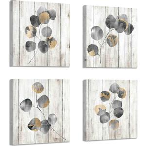 Leaf Canvas Picture Wall Art: Botanical Plant Leaves with Wooden Texture Painting Artwork for Bedrooms Kitchen (16" Wx16 Hx4 PCS, Multi-Sized) (Brown)
