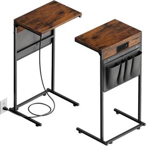 Evermagin C Shaped End Table with Charging Station Set of 2, Small Side Table with Storage Bag for Couch and Recliner, Slide Under Sofa Tray for Living Room, Bedroom, Rustic Brown