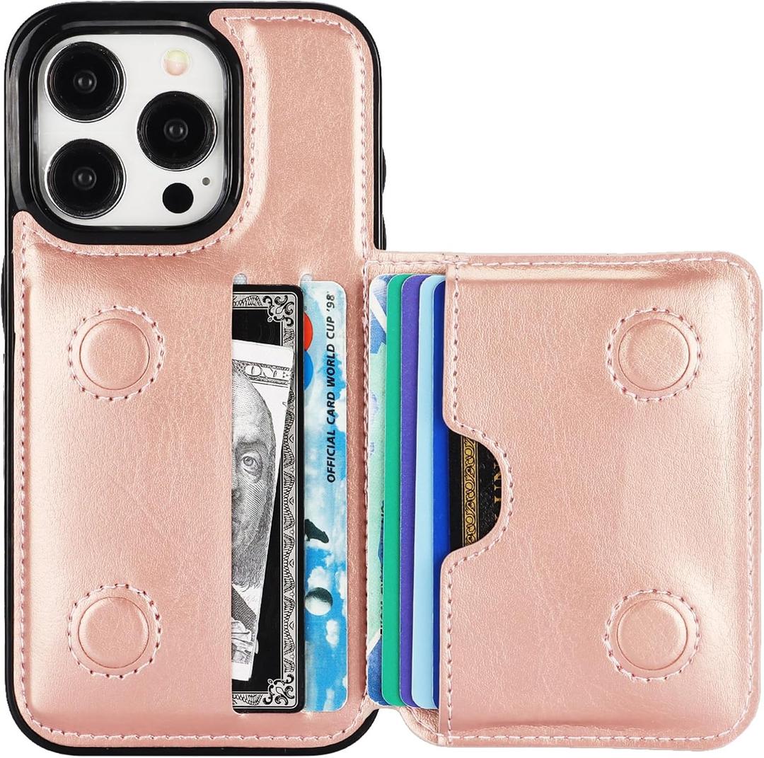 KIHUWEY Compatible with iPhone 15 Pro Wallet Case Credit Card Holder, Premium Leather Kickstand Flip Hidden Magnetic Clasp Durable Shockproof Protective Cover for iPhone 15 Pro 6.1 inch (Rose Gold)