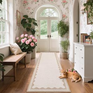 GarveeHome Scalloped Beige 2.5x10 Runner Rug for Hallway Washable Kitchen Rugs Non Slip Solid Modern Minimalism Soft Low-Pile Indoor Carpet for Entryway Laundry Room Floor Mats