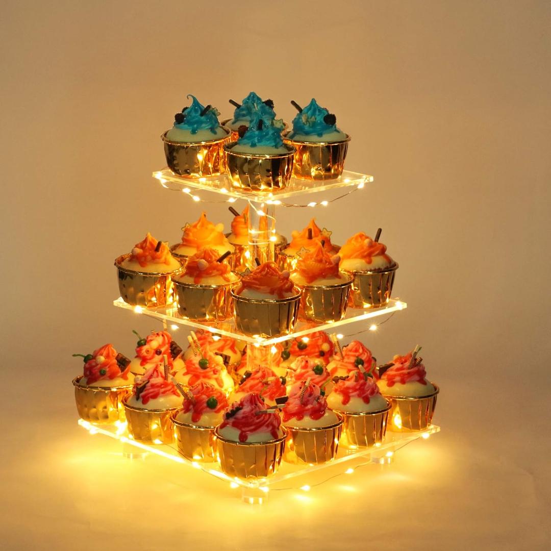 YestBuy 3 Tier Clear Square Cupcake Stand - Premium Cupcake Holder - Acrylic Cupcake Tower Display - Cady Bar Party Decor + LED Light String - Ideal for Weddings, Birthday Parties (Yellow Light)