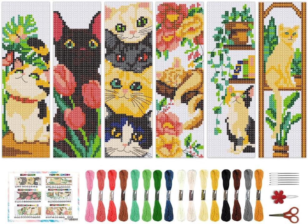 BEUNITONE 6 PCS Cute Cat Pre-Printed Cross Stitch Bookmarks, Cross Stitch Kits for Adults Beginners, DIY Stamped Hand Embroidery Kits, Exquisite Bookmark Kit for Women and Book Lovers 8.5''x3''