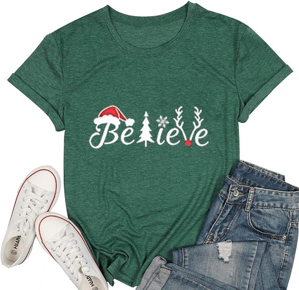 DESFSE Merry Christmas Shirts for Women Christmas Short Sleeve Tshirt Xmas Buffalo Plaid Tree Cute Graphic Print Tee Tops