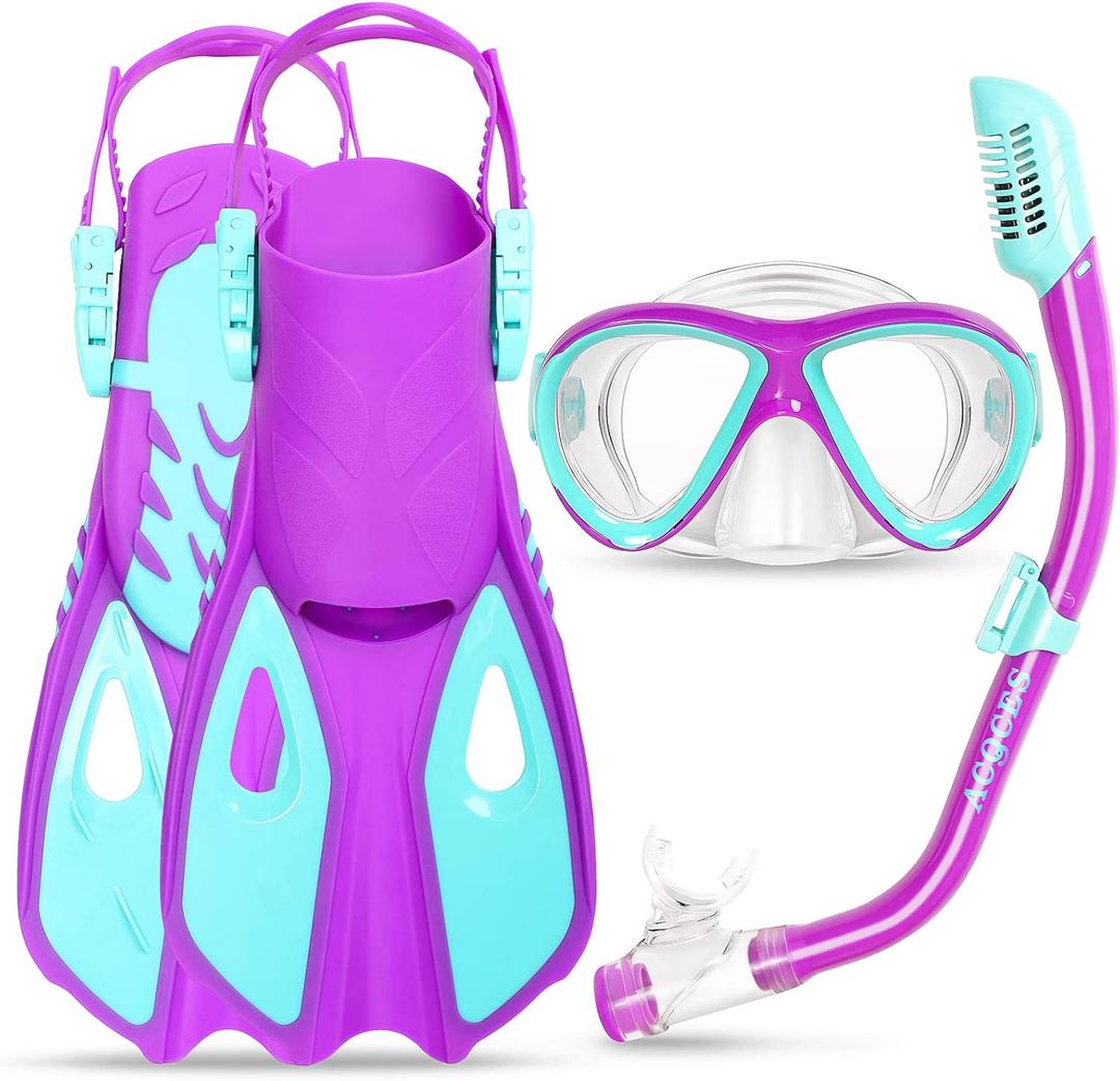 Snorkeling Gear for Kids Ages 5-15, 4 in 1 Mask Fins Snorkel Set with HD Tempered Glass Panoramic View Anti-Fog Mask, Dry Top Snorkel, Adjustable Trek Fins, and Mesh Bag, Kids Snorkel Set for Youth (Purple,LightBlue)