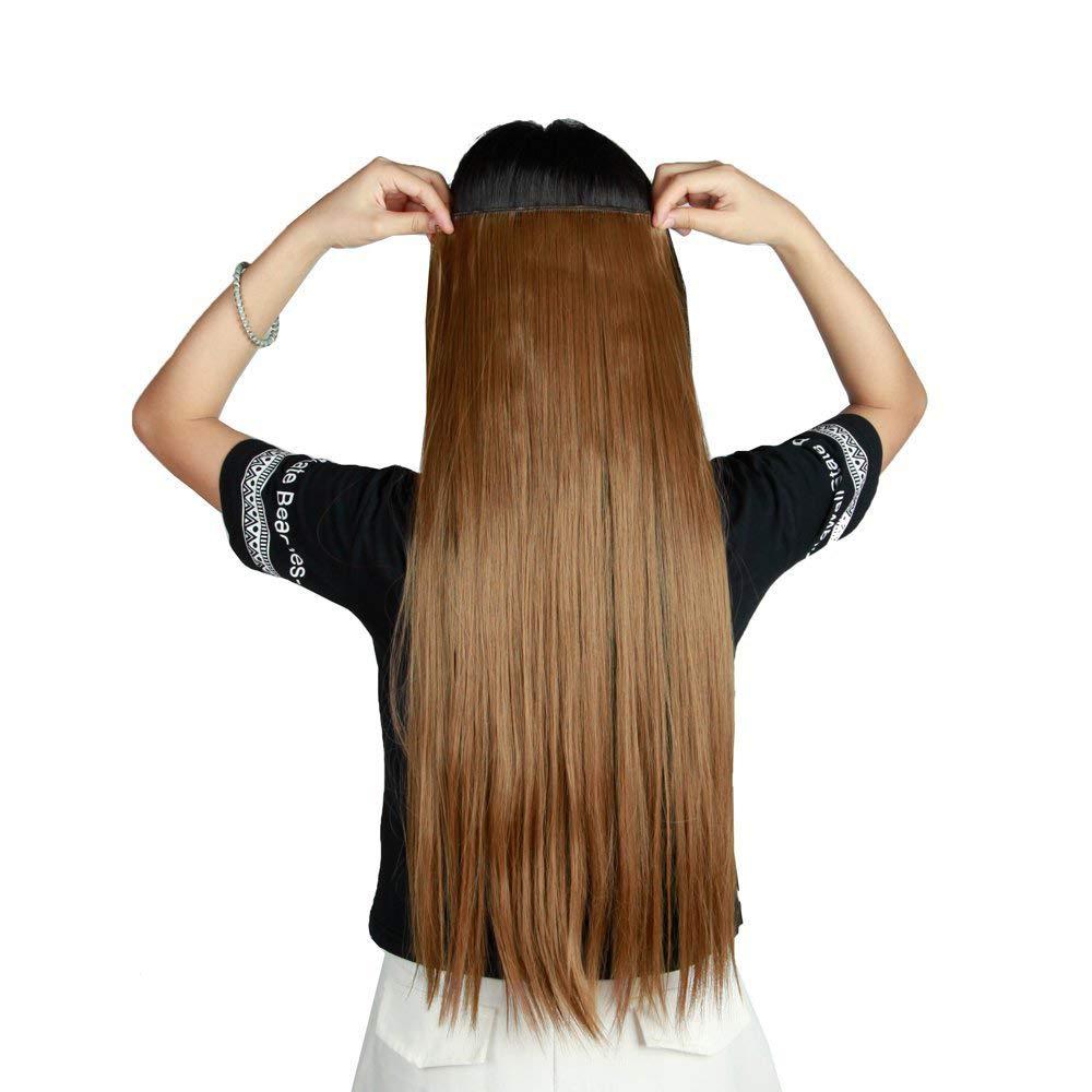 S-noilite Clip in on Hair Extension 5 Clips One Piece Full Head Hairpiece Heat-Resistant Synthetic Hair Long For Party (23" straight, dark brown)