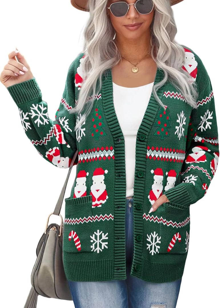 LUKYCILD Ugly Christmas Cardigan Sweaters for Women Button Down Sweaters with Pockets Open Front Knit Cardigan Funny Sweater (Green)