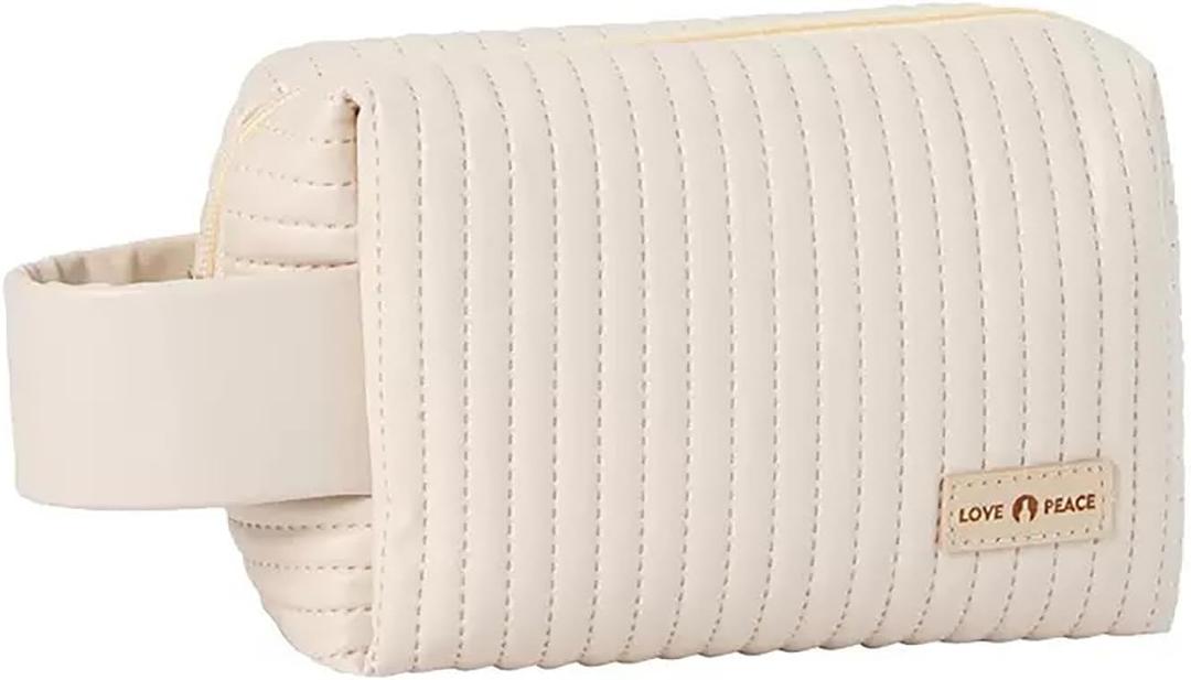 Makeup Bag Small Cosmetic Bag Portable Make Up Bags for Women Cute Makeup Bag for Purse Large Open Small Makeup Pouch Waterproof Makeup Organizer Bag Travel Essentials with Zipper Beige