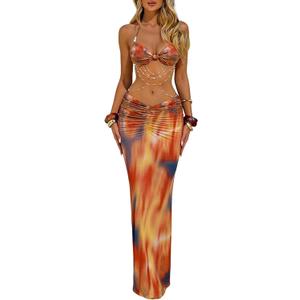 Women's Two Piece Maxi Skirt Sets Summer Beach Sexy Ruched Backless Pearls Chain Decor Crop Top and Cut Out Skirt, XS