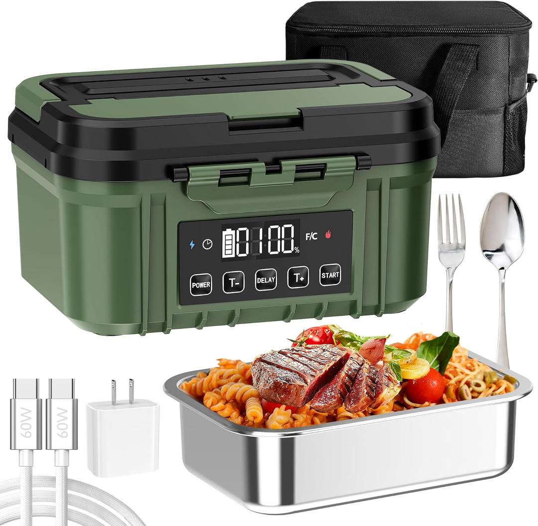 Cordless Electric Lunch Box for Adults  Battery-Powered Heated Lunch Box with 1.2L Stainless Steel Container, Timer Function, and Leak-Proof Food Warmer for Work, Travel & Office (Green)