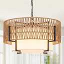 Derksic 19.69" Boho Rattan Chandelier 4-Light Farmhouse Boho Light Fixture Rattan Drum Chandeliers with Fabric Shade for Dining Room Living Room Bedroom Kitchen Island Foyer Hallway