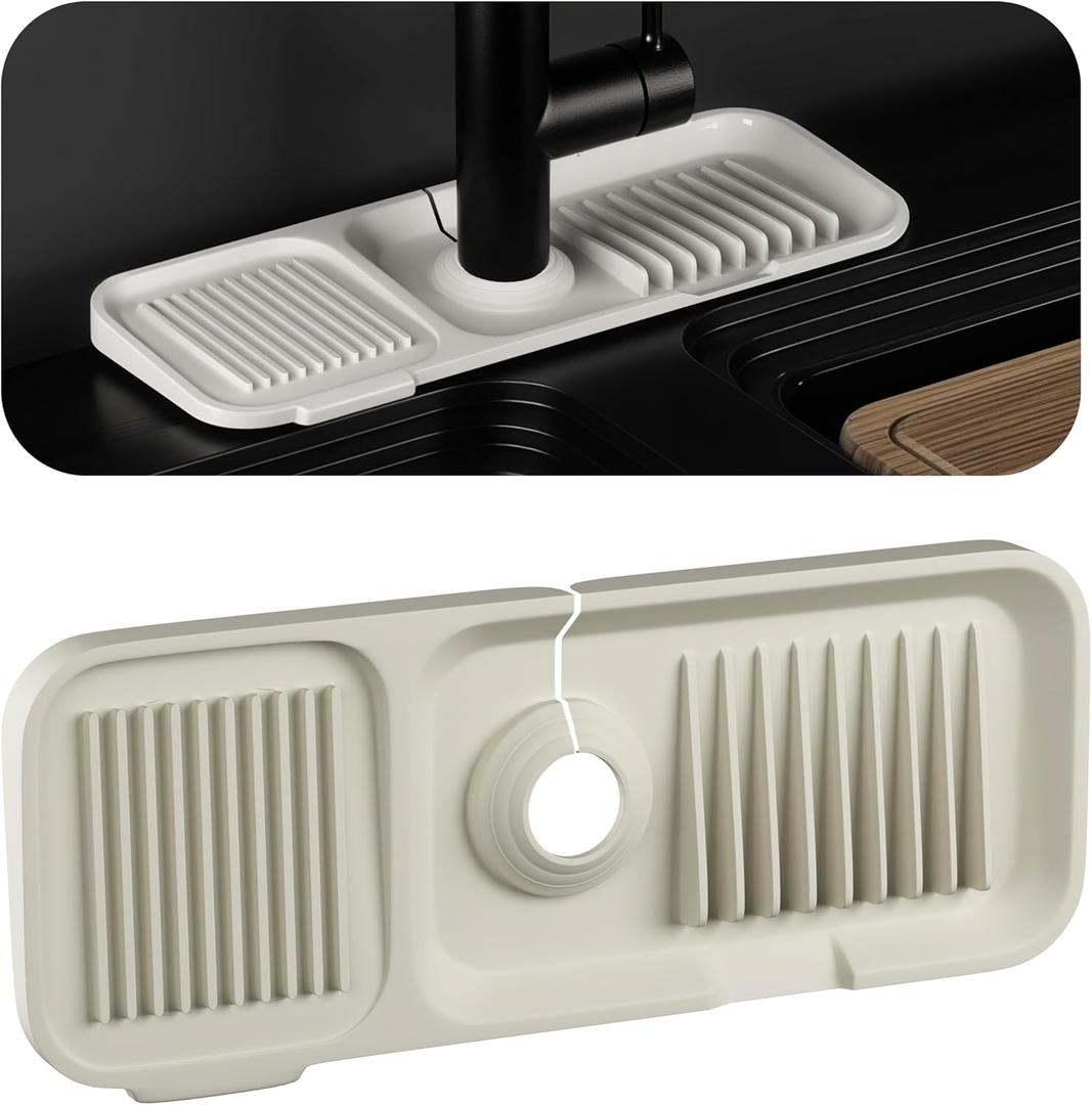 Silicone Kitchen Sink Splash Guard, Longer Faucet Mat, Sink Protectors, Sponge Holder (14.5" x 5.5", Beige)