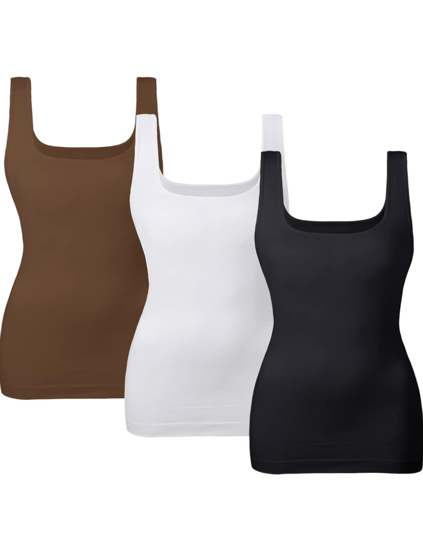EUYZOU Women's Tummy Control Shapewear Tank Tops Seamless Square Neck Compression Tops Slimming Body Shaper Camisole (S, Pack of 3, Coffee, White, Black)
