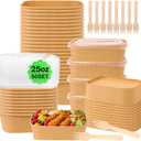 50 Pack 25 oz Paper Food Containers with Lids, Meal Prep Containers Disposable Large Paper Bowls, Microwavable and Freezer Storage Use Cardboard Food Containers