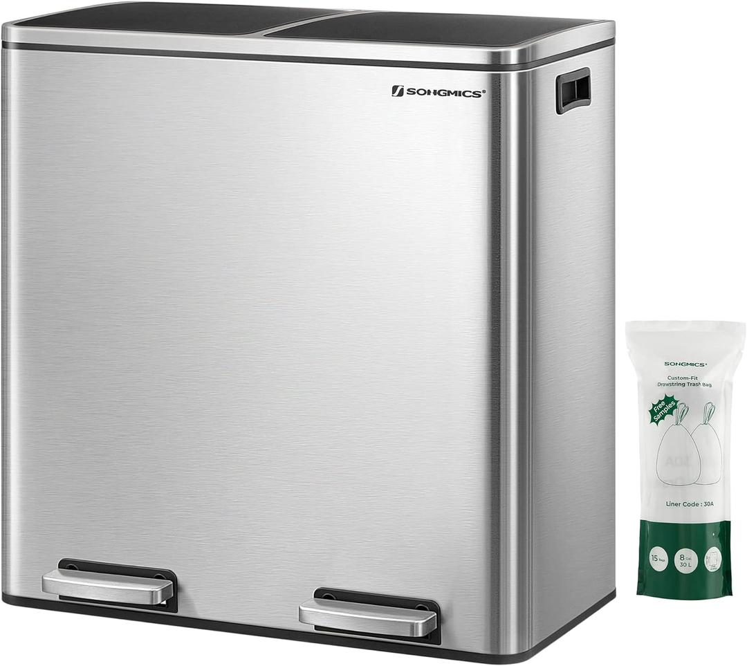 SONGMICS Trash Can, 2 x 8 Gallon (2 x 30 L) Garbage Can for Kitchen, with 15 Trash Bags, 2 Compartments, Plastic Inner Buckets and Hinged Lids, Airtight, Silver and Black ULTB60NL