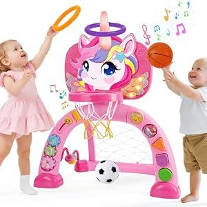 AONTESS Toddler Basketball Hoop & Soccer Goal: Activity Center with Ring Toss – Unicorn Sports Play Set | Toys for Baby Toddlers 12-18 Months & Boys Girls Ages 1-3 | Indoor Outdoor Birthday