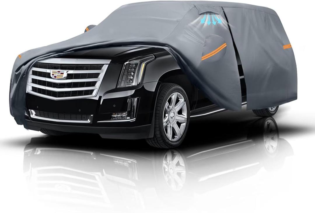 Large SUV Car Cover for Cadillac Escalade 100% Waterproof All Weather, Heavy Duty Outdoor Full Exterior Covers Rain Sun Wind UV Protection. (Cadillac Escalade+Towel+Storage Bag)