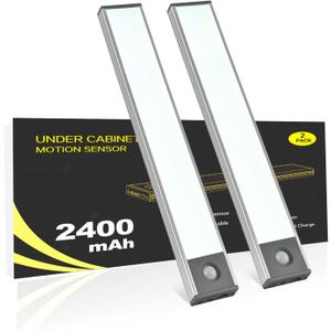 Under Cabinet Lighting, 2400mAh Motion Sensor Light Indoor, 160lm Rechargeable-Battery-Operated Closet Light, Magnetic Under Counter Lights for Kitchen, Stair, Drawer, Safe(7.8in, Cool White, 2 Pack)