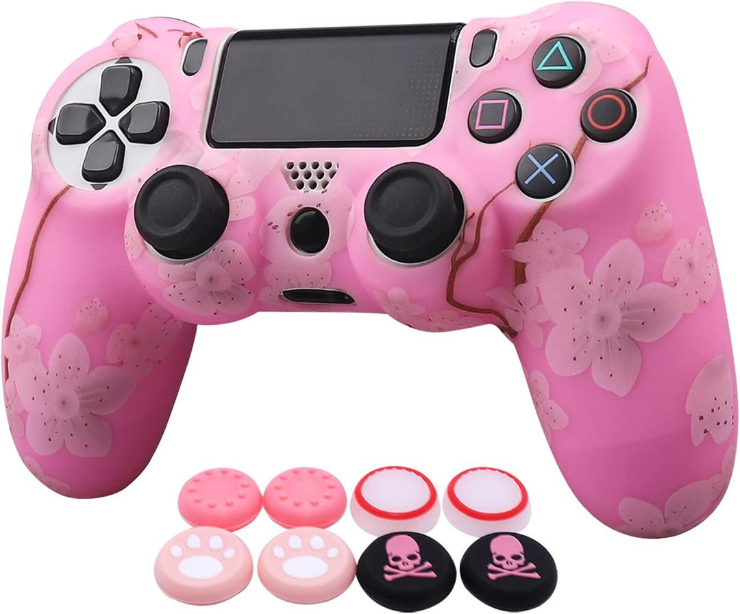 RALAN Pink Controller Skins for PS4, Silicone Controller Cover Skin Protector Compatible with PS4 Slim/PS4 Pro Controller (Pink Pro Thumb Grip x 6,Skull Cap Grip x 2)(Camouflage Pink+White Pink