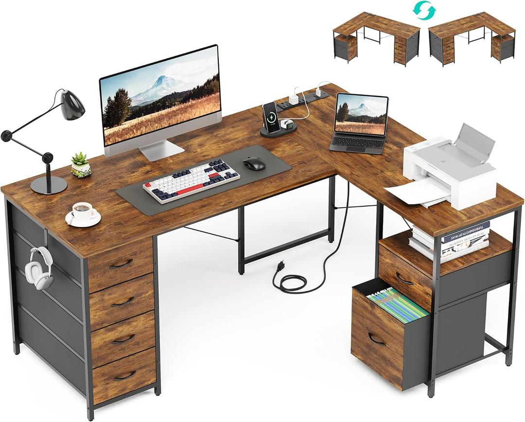 55 Inch L Shaped Office Desk with 6 Drawers & Type-C Port, Rustic Brown